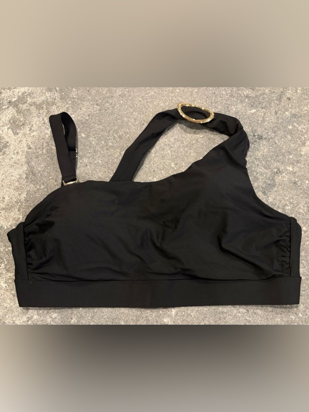 Black Time and Tru One-Shoulder Bikini Top with Gold Ring Accent